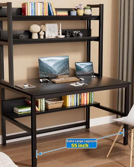 Aquzee Computer Desk with Hutch and Bookshelves, Large Leg Room 55 inch Width Black Desk with Space Saving Storage Shelves, Easy Assemble and All Hardware and Tools Included - LeafyLoom