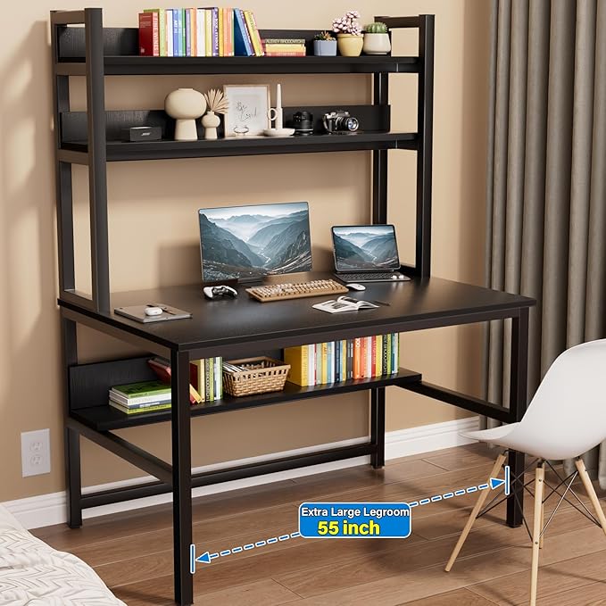 Aquzee Computer Desk with Hutch and Bookshelves, Large Leg Room 55 inch Width Black Desk with Space Saving Storage Shelves, Easy Assemble and All Hardware and Tools Included - LeafyLoom