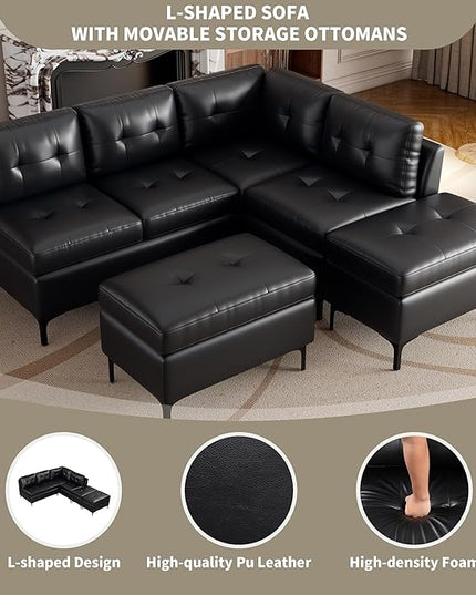 94.88" PU Leather L Shaped Sofa with Reversible Chaise Lounge, Storage Ottoman, Button Tufted Backrest&Cushion, 6-Seater Upholstered Corner Sectional Couches for Living Room Office Apartment - LeafyLoom