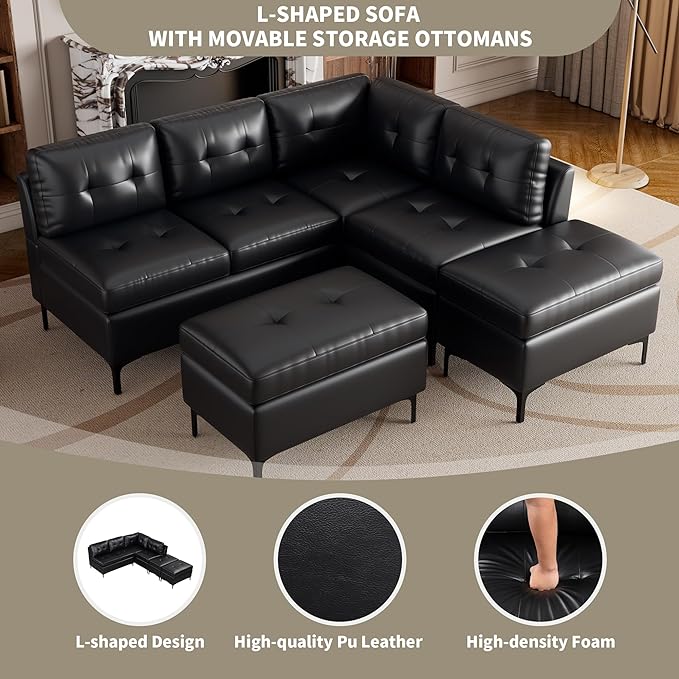 94.88" PU Leather L Shaped Sofa with Reversible Chaise Lounge, Storage Ottoman, Button Tufted Backrest&Cushion, 6-Seater Upholstered Corner Sectional Couches for Living Room Office Apartment - LeafyLoom