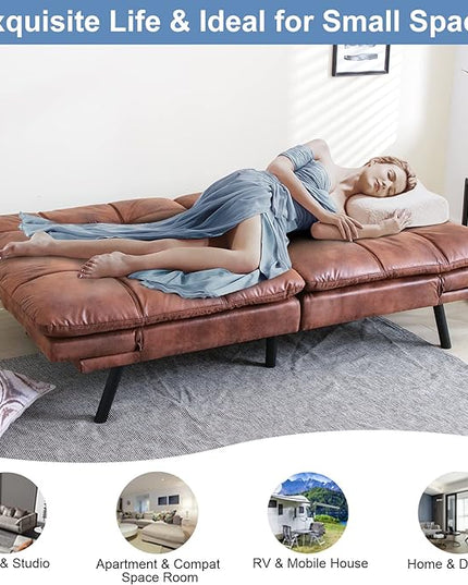MUUEGM Futon Sofa Bed Memory Foam Convertible Sleeper Couch,Modern Faux Leather Folding Love seat for Living Room,Compact Space,Apartment,Office,Dorm,71" Dx33 Wx31.5 H, Brown - LeafyLoom