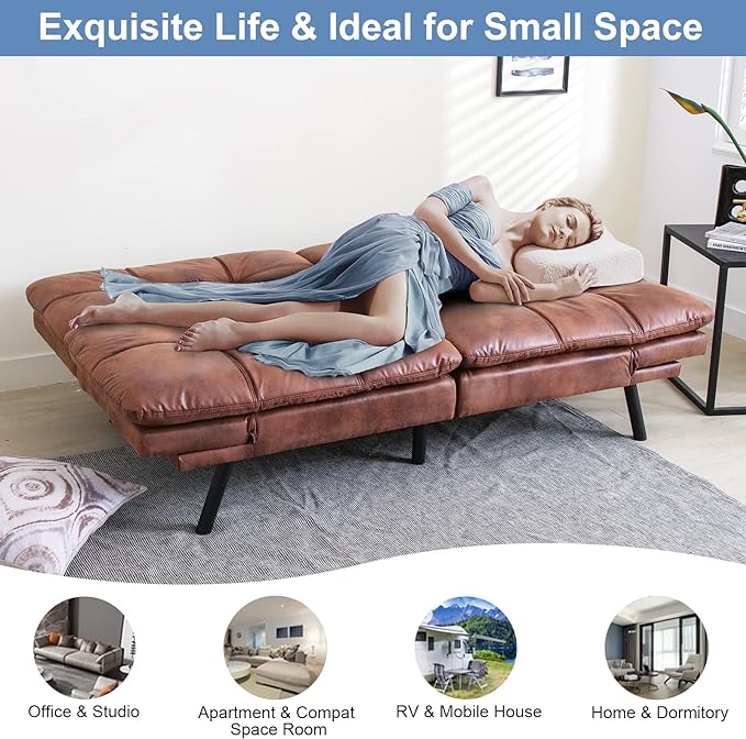 MUUEGM Futon Sofa Bed Memory Foam Convertible Sleeper Couch,Modern Faux Leather Folding Love seat for Living Room,Compact Space,Apartment,Office,Dorm,71" Dx33 Wx31.5 H, Brown - LeafyLoom