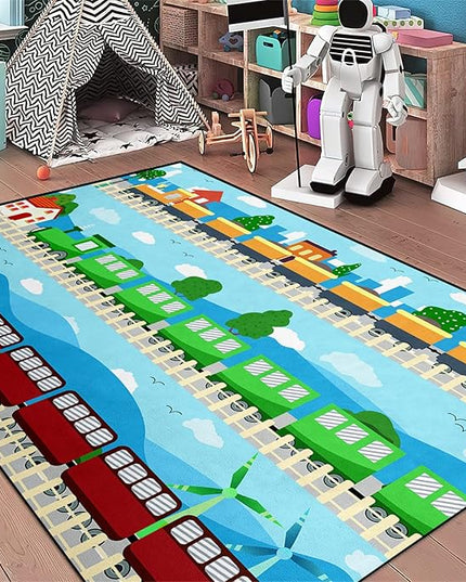 Train Rug Car Rug Play Mat Truck Rugs for Boys Room Kids Car Rug Truck Car Rug Car Carpet for Kids Kids Rugs for Playroom Car Rug for Boys Room,Light Blue 3'×5' - LeafyLoom
