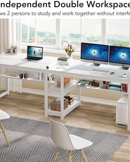 Tribesigns Two Person Desk with Bookshelf, 78.7 Computer Office Double Desk for Two Person, Rustic Writing Desk Workstation with Shelf for Home Office (White) - LeafyLoom