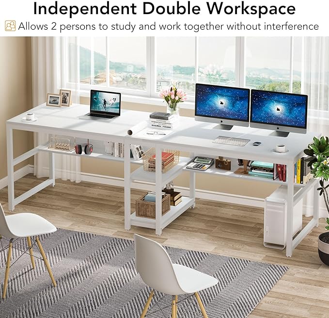 Tribesigns Two Person Desk with Bookshelf, 78.7 Computer Office Double Desk for Two Person, Rustic Writing Desk Workstation with Shelf for Home Office (White) - LeafyLoom