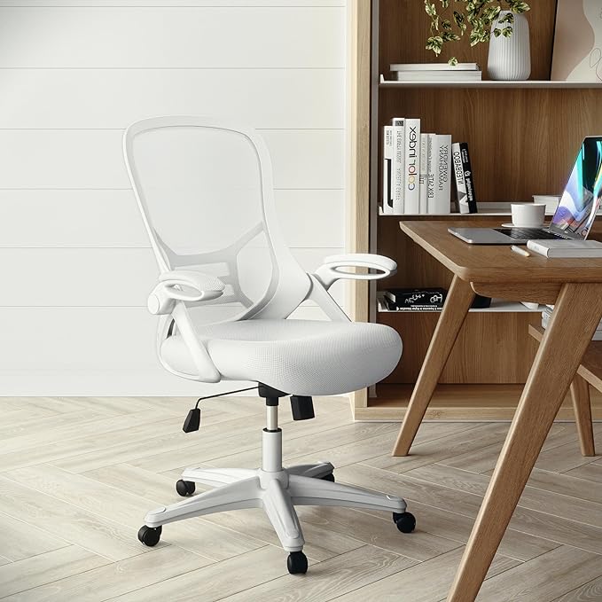 Flash Furniture Porter High-Back Swivel Office Chair with Adjustable Lumbar Support and Seat Height, Ergonomic Mesh Desk Chair with Flip-Up Armrests, White - LeafyLoom