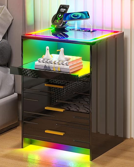 HNEBC High Gloss Nightstand with Wireless Charging Station, Smart Night Stand with RGB Dynamic Lighting, Modern Bed Side Table with Drawers Sliding Tray, Glass Tabletop,Motion Sensor Lights (C Black) - LeafyLoom