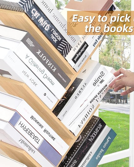 8 Tier Tree Bookshelf with Drawer, Free Standing Wood Bookcase for Narrow Space, Storage Organizer Bookshelves for Books, Book Case for Home Office, Living Room, Bedroom - Natural - LeafyLoom