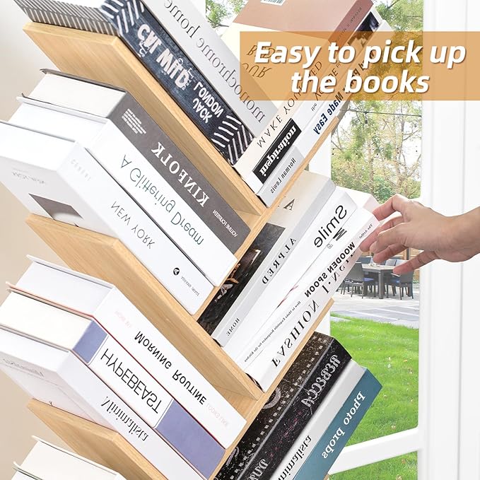 8 Tier Tree Bookshelf with Drawer, Free Standing Wood Bookcase for Narrow Space, Storage Organizer Bookshelves for Books, Book Case for Home Office, Living Room, Bedroom - Natural - LeafyLoom