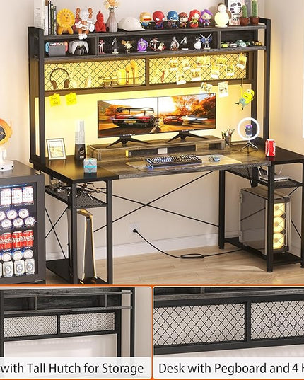 armocity 2024 Upgrade Gaming Desk with Hutch, 55.2'' Magic Computer Desk with LED and Outlets, Reversible Workstation Desk with Pegboard, Grey/Black - LeafyLoom