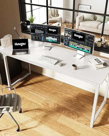 Computer Desk, 63 Inch Office Desk, Gaming Desk with Storage, Writing Desk Work Desk for Home Office, Study, Modern Simple Desk, Large Legroom, Metal Frame, White - LeafyLoom