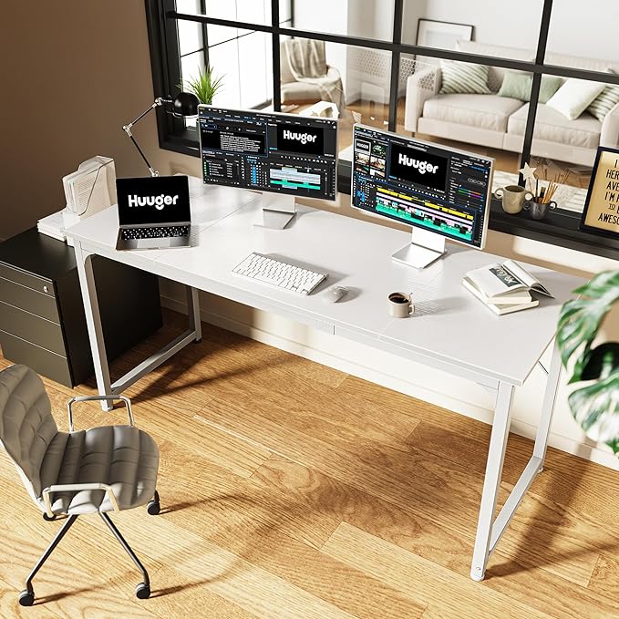 Computer Desk, 63 Inch Office Desk, Gaming Desk with Storage, Writing Desk Work Desk for Home Office, Study, Modern Simple Desk, Large Legroom, Metal Frame, White - LeafyLoom