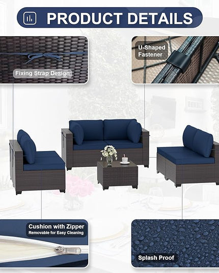 Patio Furniture Set 7-Pieces Outdoor Furniture for Backyard Wicker Sectional Sofa Set, Rattan Patio Conversation Set with Thickened Cushions and Glass Coffee Table, Navy Blue - LeafyLoom