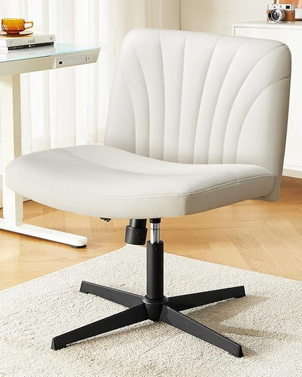 Marsail Cross Legged Office Chair: PU Leather Criss Cross Desk Chair Wide Armless Desk Chair Swivel Height Adjustable Vanity Chair for Make Up,Small Space,Bed Room(Light Beige) - LeafyLoom