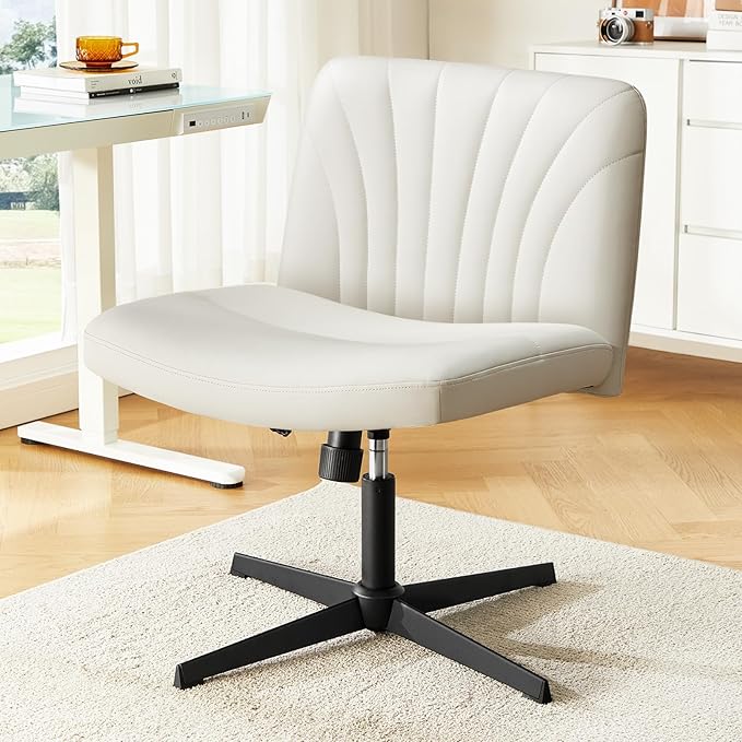 Marsail Cross Legged Office Chair: PU Leather Criss Cross Desk Chair Wide Armless Desk Chair Swivel Height Adjustable Vanity Chair for Make Up,Small Space,Bed Room(Light Beige) - LeafyLoom