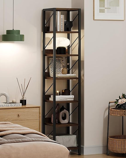 IDEALHOUSE Narrow Bookshelf Tall Skinny Bookcase 6 Tier Storage Rack Rustic Corner Shelf Metal Frame Small Freestanding Bookshelves Industrial Display Stand for Bedroom, Living Room, Home Office - LeafyLoom