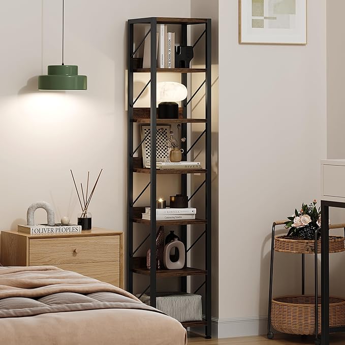 IDEALHOUSE Narrow Bookshelf Tall Skinny Bookcase 6 Tier Storage Rack Rustic Corner Shelf Metal Frame Small Freestanding Bookshelves Industrial Display Stand for Bedroom, Living Room, Home Office - LeafyLoom