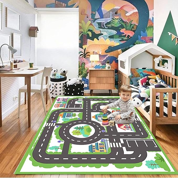 kid rug carpet playmat for toy cars and trains,road traffic kids play area rug,city Life town play Mat for Playroom Bedroom Boys,Children's Educational Fun Throw Rug with Rubber Backing 31X71IN - LeafyLoom