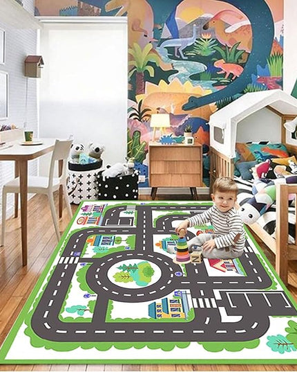 kid rug carpet playmat for toy cars and trains,road traffic kids play area rug,city Life town play Mat for Playroom Bedroom Boys,Children's Educational Fun Throw Rug with Rubber Backing 31X47IN - LeafyLoom