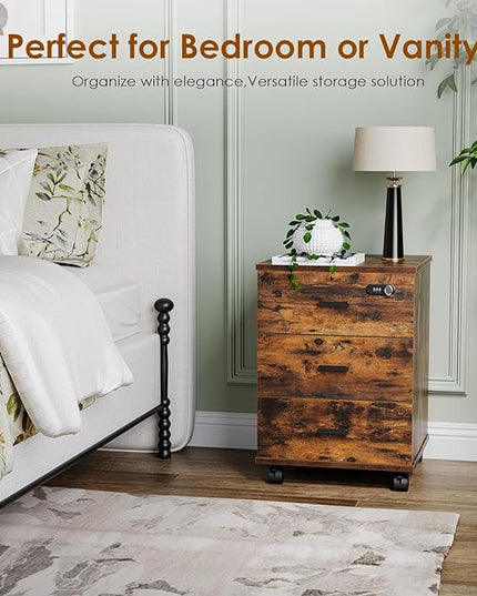 Soohow 3 Drawers Vertical Detachable Cushion Mobile Under Desk File Cabinet with Smart Lock/Casters,Rustic-Black, Large, Brown - LeafyLoom