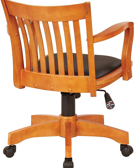 OSP Home Furnishings Deluxe Wood Banker's Desk Chair with Padded Seat, Adjustable Height and Locking Tilt, Fruitwood Finish and Black Vinyl - LeafyLoom