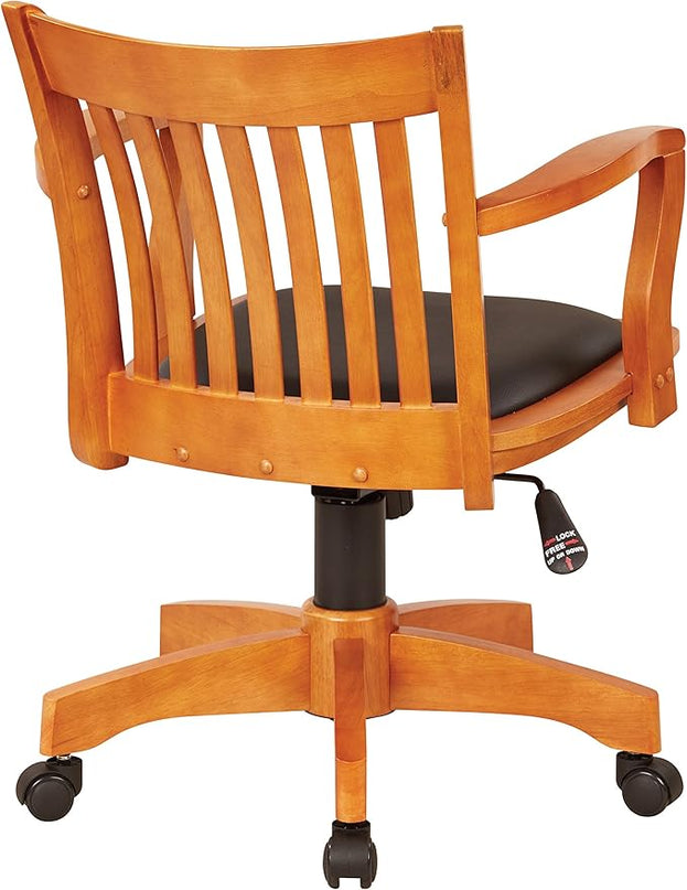 OSP Home Furnishings Deluxe Wood Banker's Desk Chair with Padded Seat, Adjustable Height and Locking Tilt, Fruitwood Finish and Black Vinyl - LeafyLoom