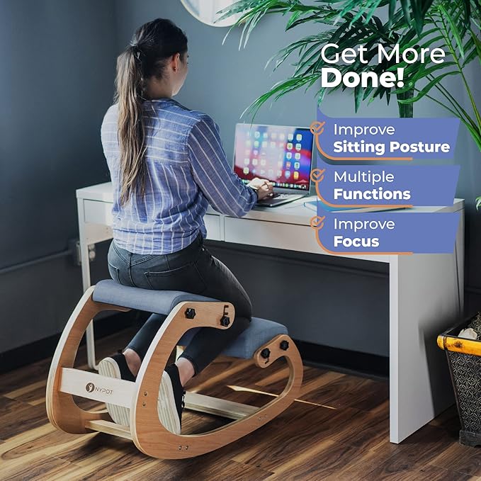 Ergonomic Kneeling Chair - Rocking Office Chair Adjustable Stool - Knee Chair Posture Chair - Wooden Desk Chair, Ergonomic Chair for Home Office, Office Chair for Back Pain (Blue) - LeafyLoom