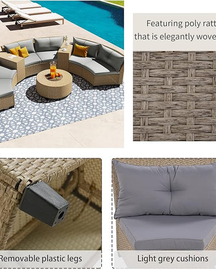 Outdoor 9 Pieces Patio Furniture Half Moon Wicker Sofa Sets, Fan-Shaped Curved Sectional Couch with Coffee Table and Gray Cushions, 1, Brown Rattan - LeafyLoom