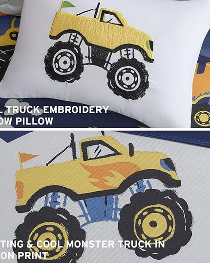 Mi Zone Kids Queen Comforter Set for Boys 4 Piece Monster Truck Comforter Set, Queen Bedding Set, Teen Microfiber Bed Set, Matching Shams, Embroidered Truck Throw Pillow, Full/Queen, Blue - LeafyLoom