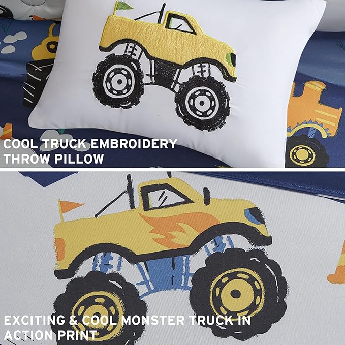 Mi Zone Kids Queen Comforter Set for Boys 4 Piece Monster Truck Comforter Set, Queen Bedding Set, Teen Microfiber Bed Set, Matching Shams, Embroidered Truck Throw Pillow, Full/Queen, Blue - LeafyLoom