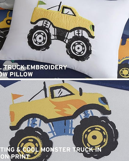 Mi Zone Kids Twin Comforter Set for Boys 3 Piece Monster Truck Comforter Set, Twin Size Bedding Set, Teen Bed Set, Microfiber Bedding Set, Matching Sham, Embroidered Truck Throw Pillow, Twin, Blue - LeafyLoom