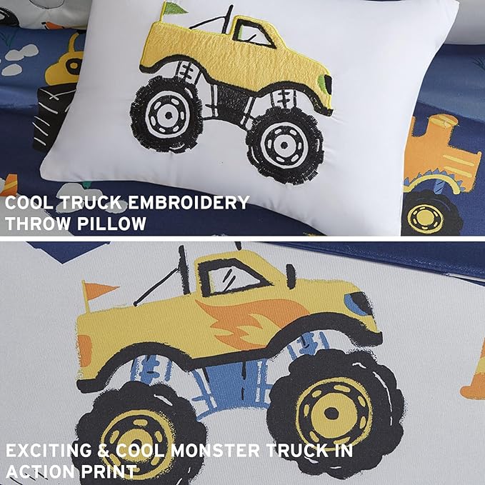 Mi Zone Kids Twin Comforter Set for Boys 3 Piece Monster Truck Comforter Set, Twin Size Bedding Set, Teen Bed Set, Microfiber Bedding Set, Matching Sham, Embroidered Truck Throw Pillow, Twin, Blue - LeafyLoom