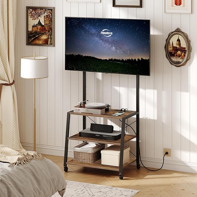 HOOBRO Rolling TV Stand with Mount and Power Outlet Up to 55 inch TV, Corner Entertainment Center, Small TV Stand with 3-Tier Storage Shelves for Living Room, Bedroom, Rustic Brown and Black BF66UDS01 - LeafyLoom
