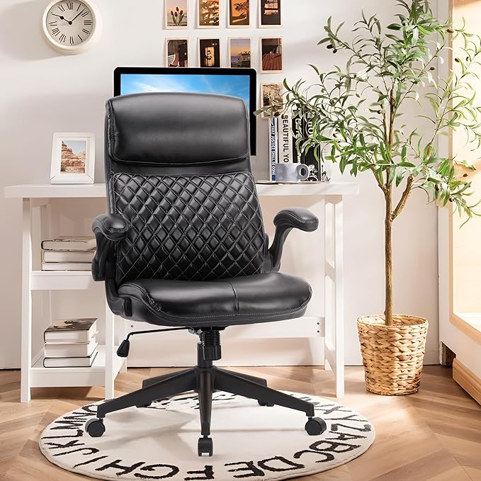 Executive Home Office Chair, Ergonomic Computer Desk Chair with Padded Flip-up Armrests, Adjustable Height, Swivel Rolling Work Study Chair for Home Office Conference Room-Black - LeafyLoom