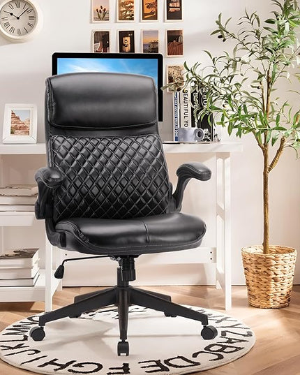 COLAMY Home Office Chair 275LBS Executive Leather Office Chair with Padded Flip-up Arms, Adjustable Height and Tilt Lock, Black - LeafyLoom