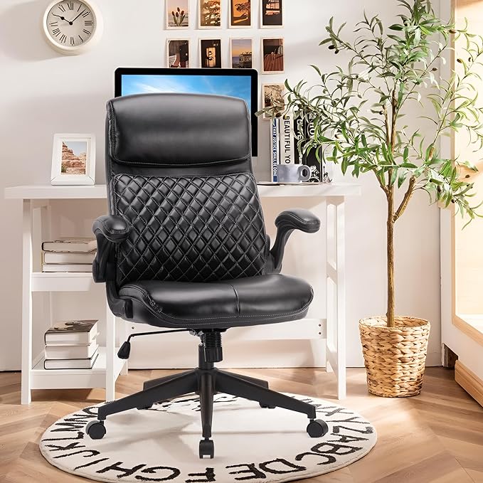 COLAMY Home Office Chair 275LBS Executive Leather Office Chair with Padded Flip-up Arms, Adjustable Height and Tilt Lock, Black - LeafyLoom