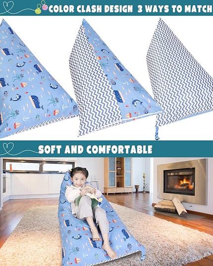 Stuffed Animal Storage Bean Bag Chair Cover, Cotton Blue Marine Life Plush Toy Storage Stuff and Sit Seat for Kids/Teens/Adults,52" x 31" Extra Large Triangle Floor Sofa, 200L/52Gal,Cover Only - LeafyLoom