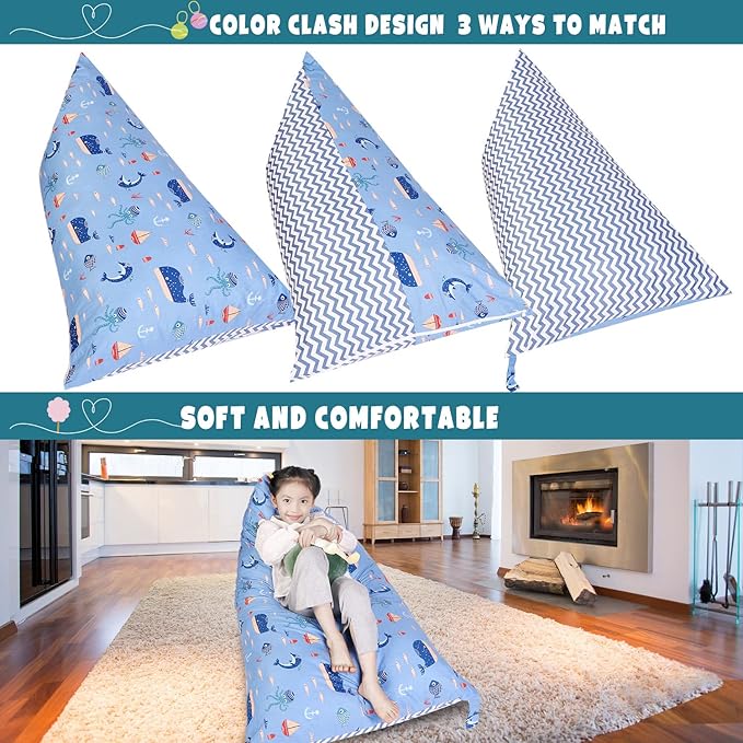 Stuffed Animal Storage Bean Bag Chair Cover, Cotton Blue Marine Life Plush Toy Storage Stuff and Sit Seat for Kids/Teens/Adults,52" x 31" Extra Large Triangle Floor Sofa, 200L/52Gal,Cover Only - LeafyLoom