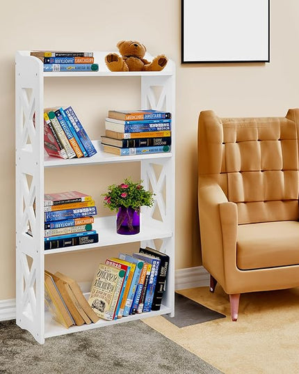 White Bookshelf, White Bookcase, 4 Tier Bookcase, Book Shelf from natural wood, Freestanding Display Storage Shelves Open Bookcase for Bedroom, Living Room and Office (4 Tier, White) - LeafyLoom