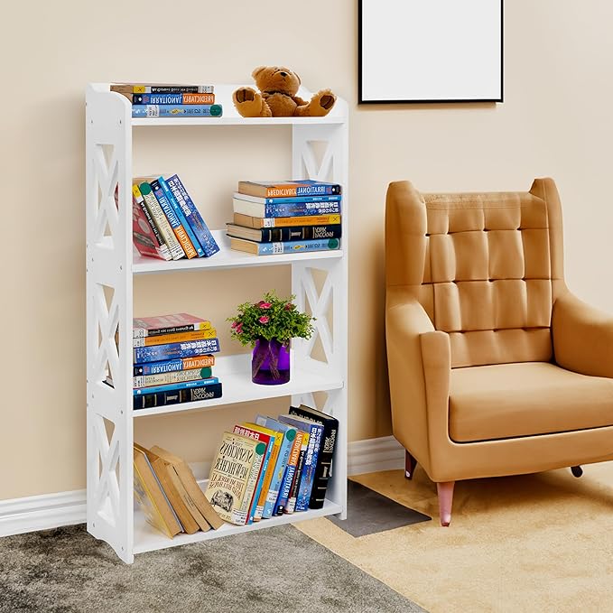 White Bookshelf, White Bookcase, 4 Tier Bookcase, Book Shelf from natural wood, Freestanding Display Storage Shelves Open Bookcase for Bedroom, Living Room and Office (4 Tier, White) - LeafyLoom