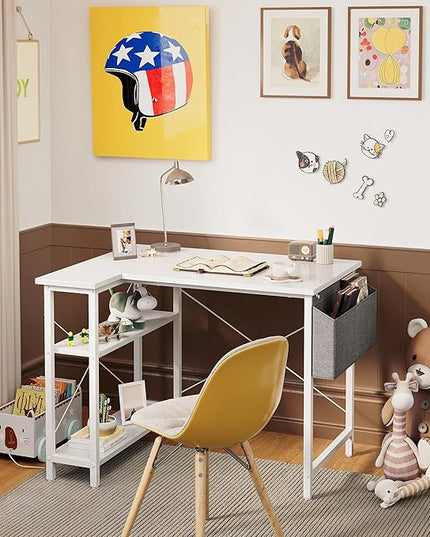 CubiCubi Small L Shaped Computer Desk with Storage Shelves, 40 Inch Home Office Small Corner Desk Study Writing Table, White - LeafyLoom