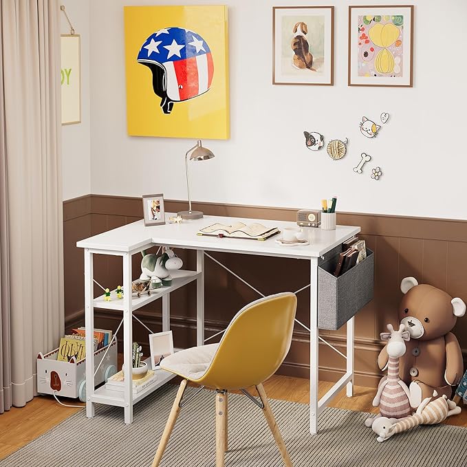 CubiCubi Small L Shaped Computer Desk with Storage Shelves, 40 Inch Home Office Small Corner Desk Study Writing Table, White - LeafyLoom
