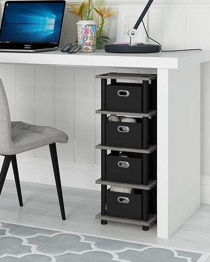 FURINNO Turn-N-Tube LACi 4-Bins System Rack, French Oak Grey/Black - LeafyLoom