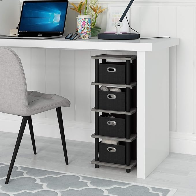 FURINNO Turn-N-Tube LACi 4-Bins System Rack, French Oak Grey/Black - LeafyLoom