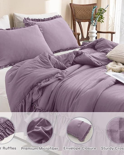 Ruffle Comforter Queen Size,Farmhouse Shabby Boho Chic Queen Bedding Comforter Set,3pcs Ultra Soft Fluffy Grayish Purple Comforter Sets for Queen Bed with 2 Ruffled Pillowcases - LeafyLoom