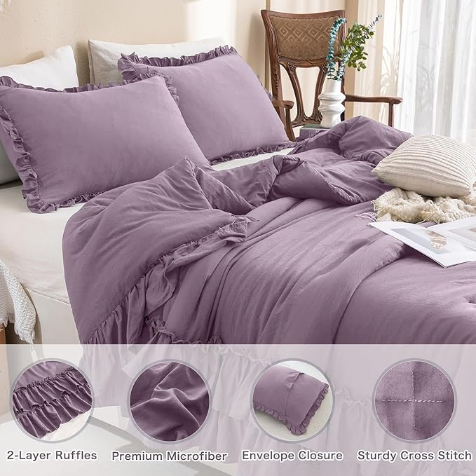 Ruffle Comforter Queen Size,Farmhouse Shabby Boho Chic Queen Bedding Comforter Set,3pcs Ultra Soft Fluffy Grayish Purple Comforter Sets for Queen Bed with 2 Ruffled Pillowcases - LeafyLoom