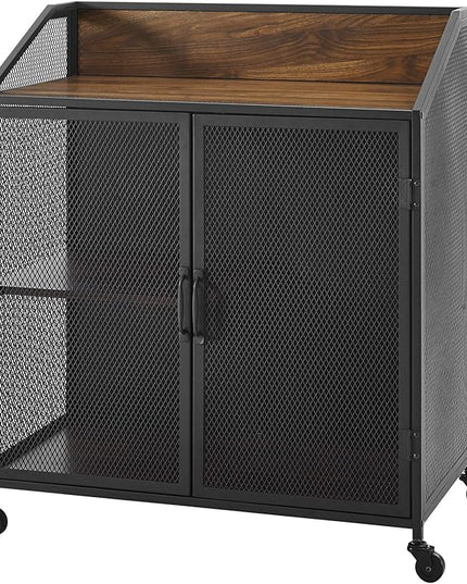 Walker Edison Malcomb Urban Industrial Metal Mesh Double Door Rolling Bar Cabinet, 33 Inch, Dark Walnut - LeafyLoom