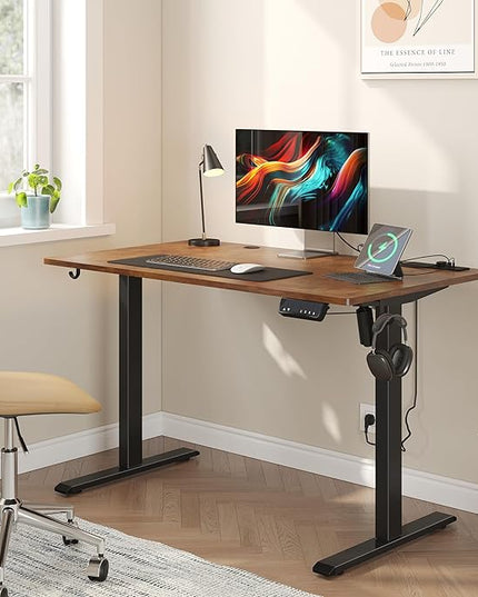 JOISCOPE Height Adjustable Electric Standing Desk with Power Outlets, 48 x 24 Inch Sit Stand Desk for Small Space Home Office, Vintage Oak - LeafyLoom