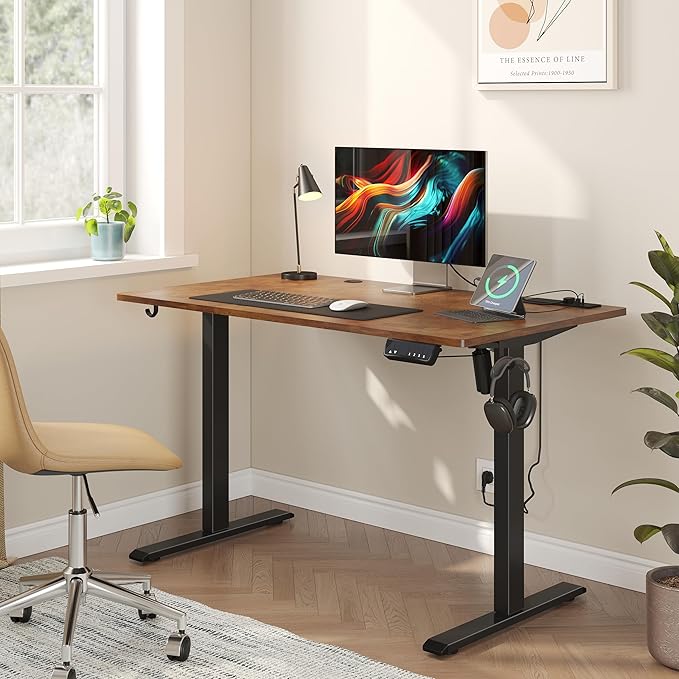 JOISCOPE Height Adjustable Electric Standing Desk with Power Outlets, 48 x 24 Inch Sit Stand Desk for Small Space Home Office, Vintage Oak - LeafyLoom