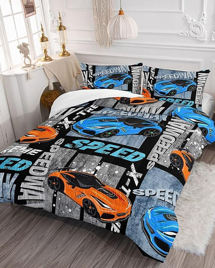 Datura home Sports Car Comforter Set Vintage Racing Car Printed Quilt Bedding Set with 1 Comforter and 2 Pillowcases for Boys and Girls Bedroom All Season(Sports Car Full) - LeafyLoom